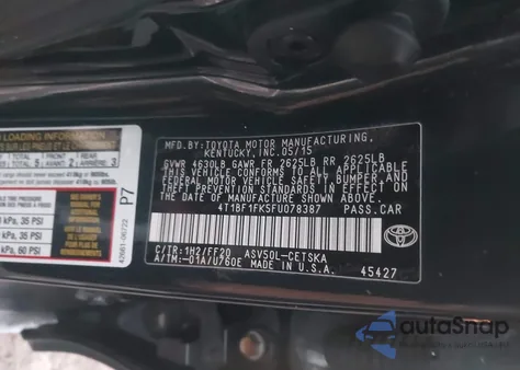 2015 Toyota Camry Se из США, поврежденный, VIN 4T1BF1FK5FU078387